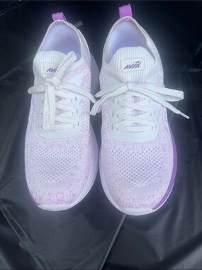 Avia Women's Knit Lace-Up Sneakers in Light Purple and White